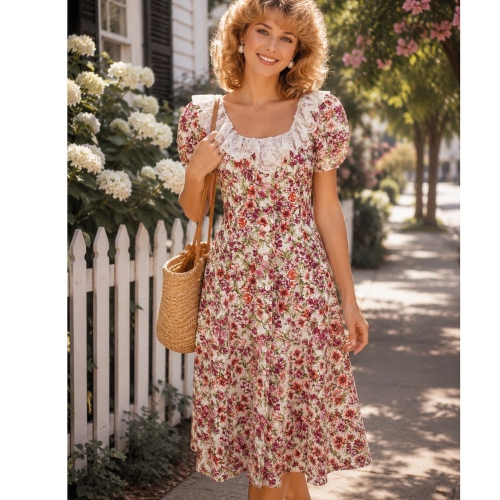 Vtg‎ 80's Floral Lace Trim Midi Dress Sz s Cottagecore handmade Puff Sleeve Pink